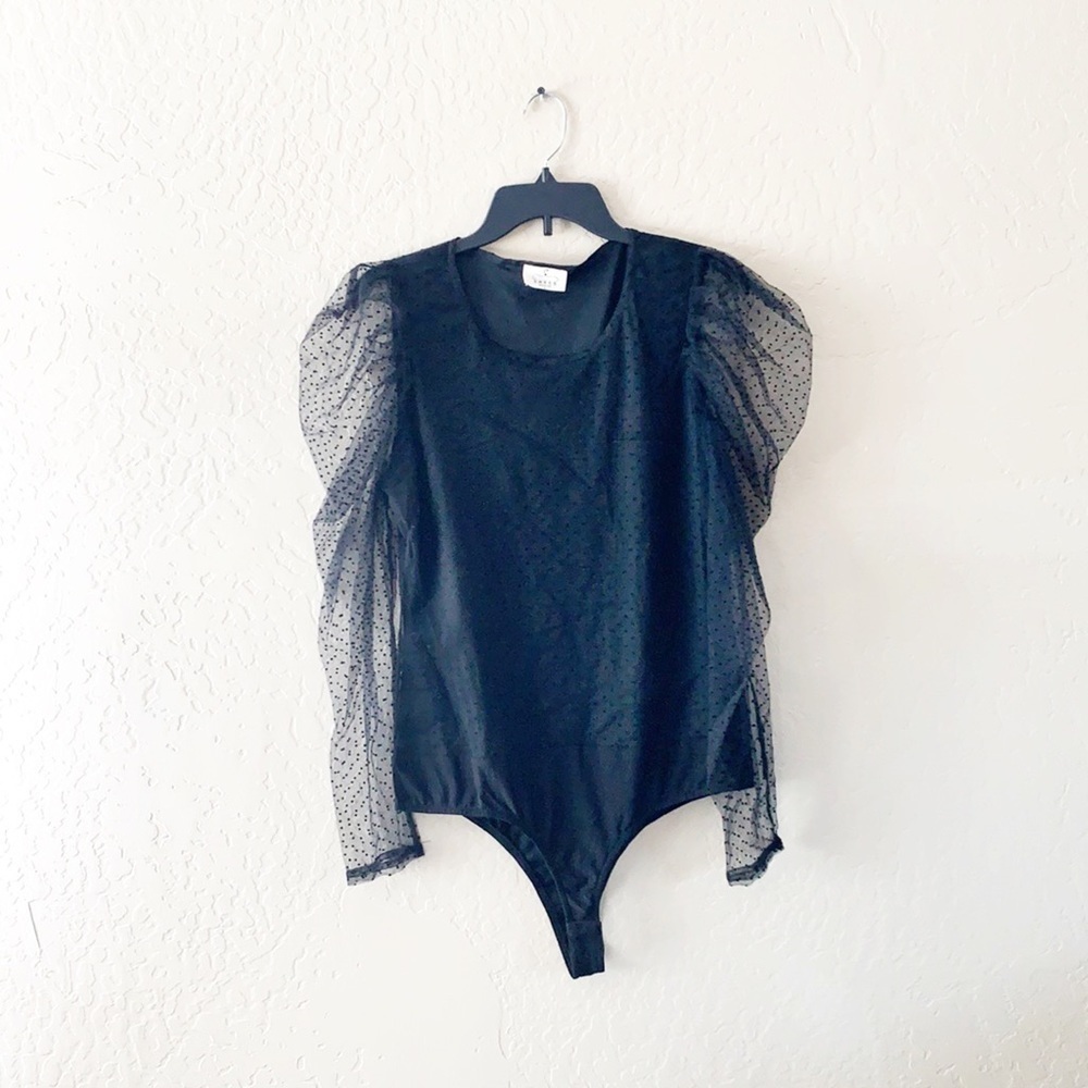 🌿Final Sale Ember Black Textured Polka Dot Sheer Sleeve Bodysuit